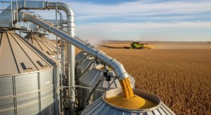 Modern grain dryer operating in a corn and soybean field, illustrating efficient mechanical grain drying during harvest.