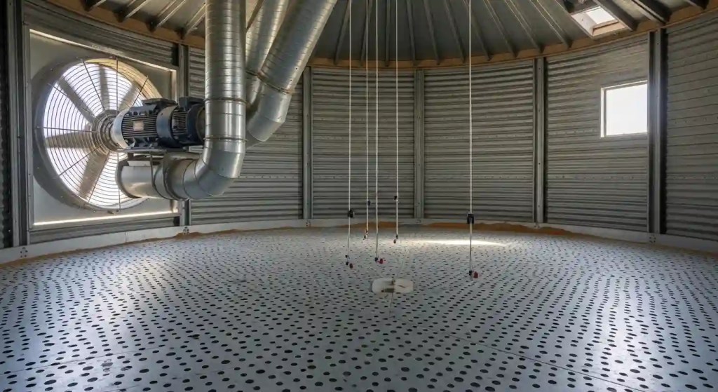 Inside grain bin showing aeration floor, ventilation fan, and temperature monitoring system