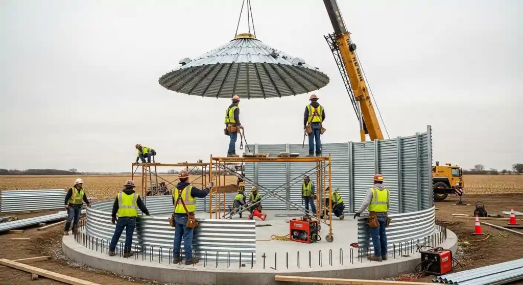 Mid-size grain bin installation with crane and reinforced concrete foundation