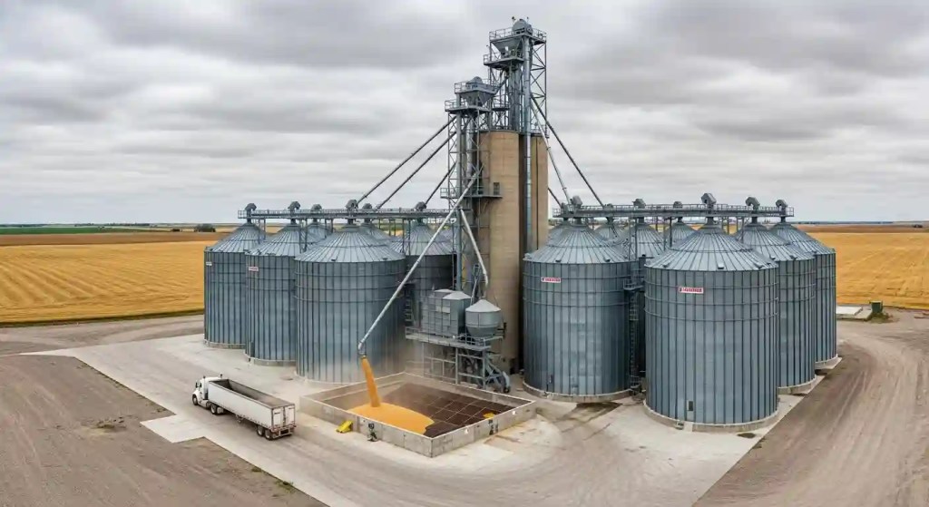 Large commercial grain storage facility with bucket elevator and conveyor systems